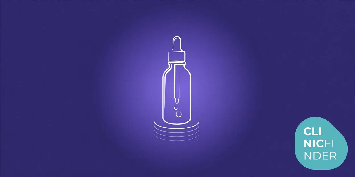 White line-art illustration of a skincare serum dropper bottle above layered skin-depth contour lines, symbolising combining topical skincare with deeper clinic treatments