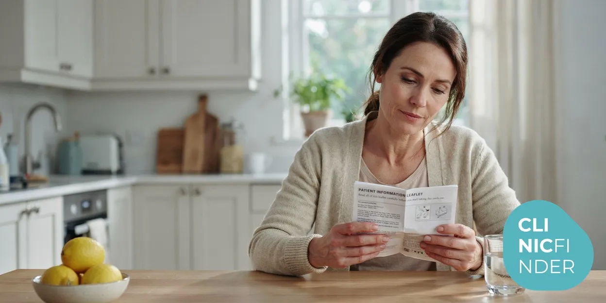 A woman reading a printed medicine information leaflet at her kitchen table in soft daylight, considering the risks before starting treatment