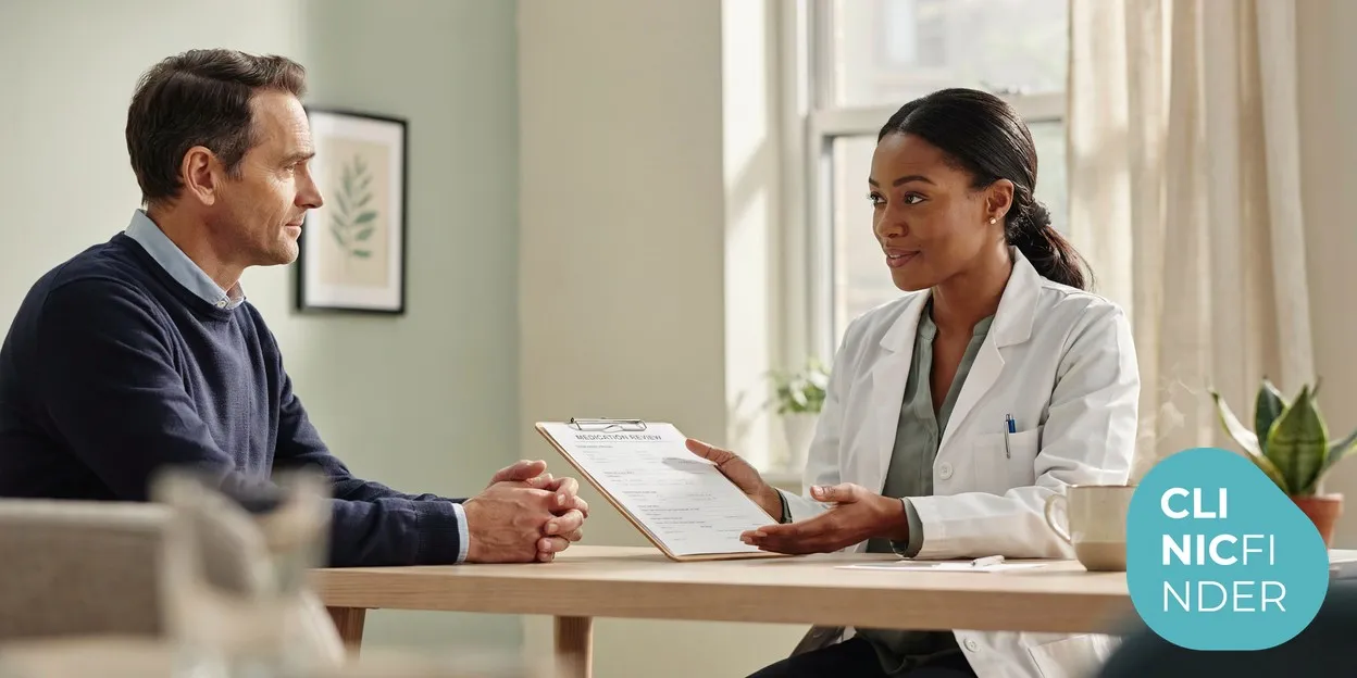 A pharmacist in a white coat discussing weight loss medication with a patient across a consultation desk in a bright modern clinic