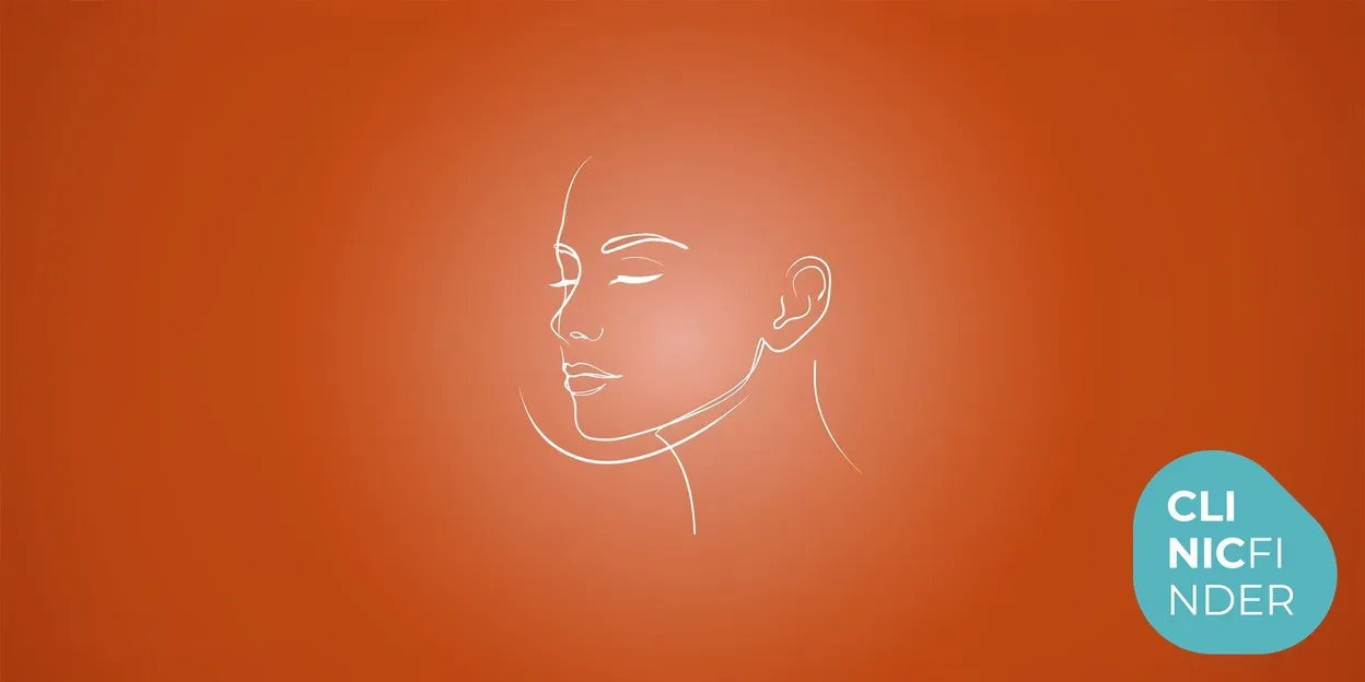 White line-art illustration of a serene face in profile with a soft upward-curving lift arc, on a bold burnt-orange background, symbolising non-surgical facial rejuvenation