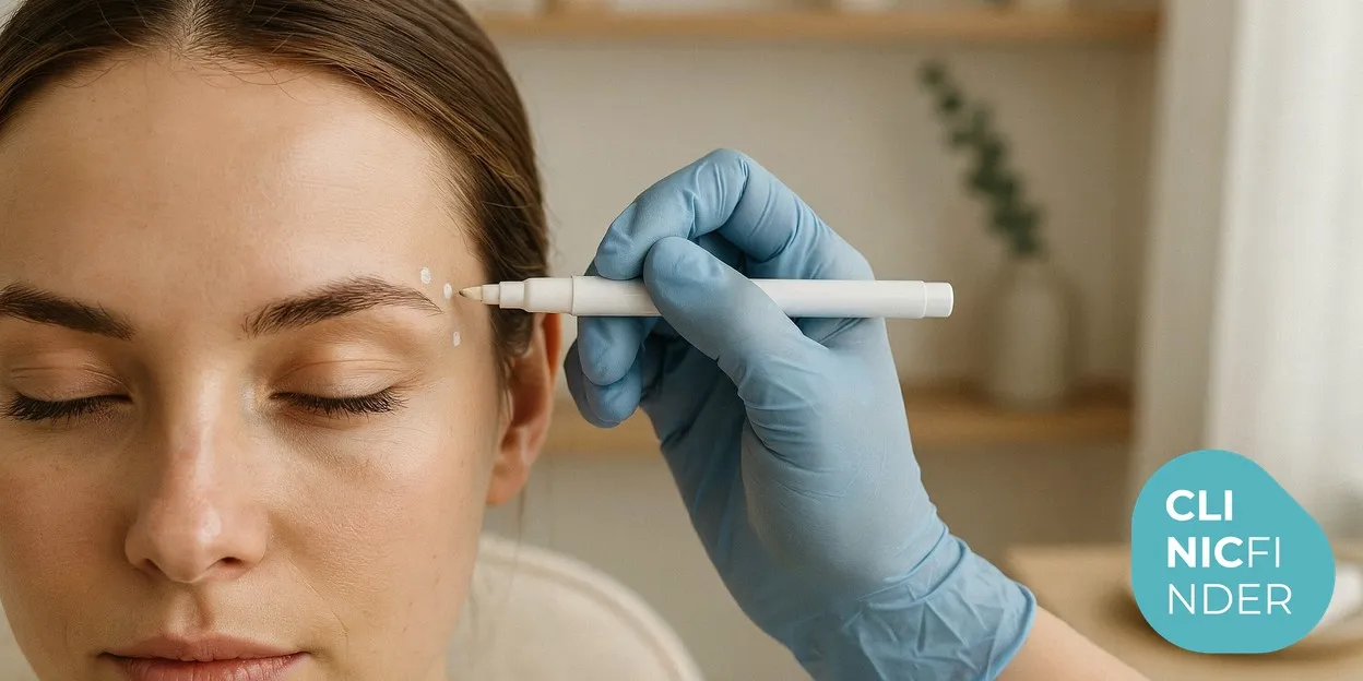 A practitioner’s gloved hand marking assessment points on a client’s upper face before treatment, using a fine pen in soft clinic light