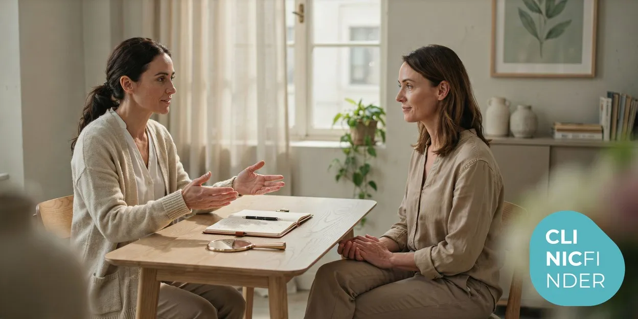 A calm consultation between a clinician and client across a desk, discussing a treatment plan with notes and a hand mirror on the table