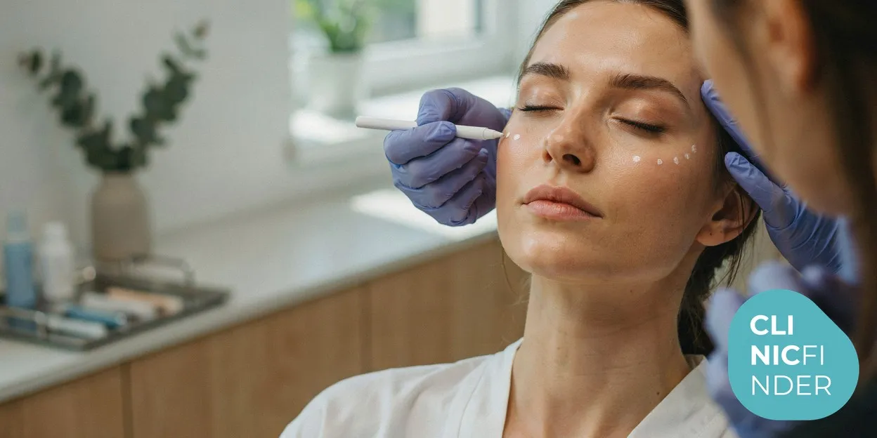 A gloved practitioner using a white cosmetic pencil to mark structural assessment points along a client’s cheekbone and jawline in soft natural daylight