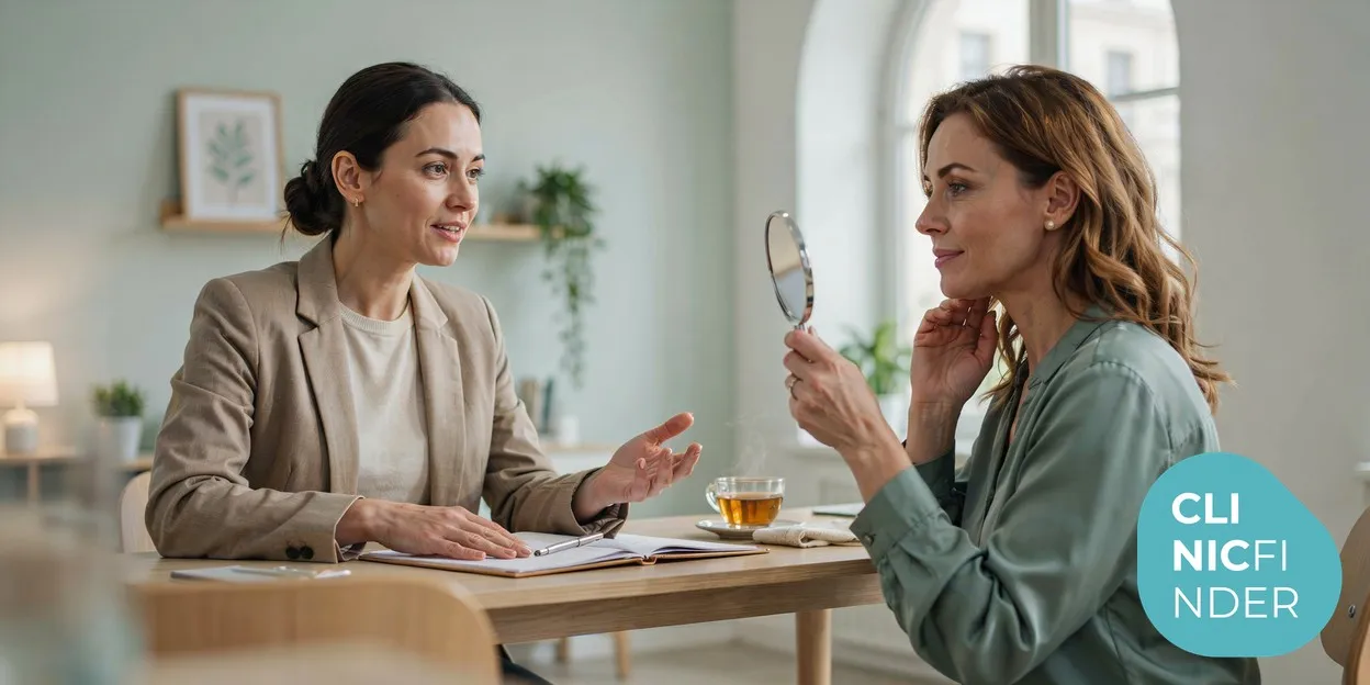 An aesthetic practitioner and a client seated across a desk in warm daylight, discussing a facial treatment plan while the client holds a hand mirror