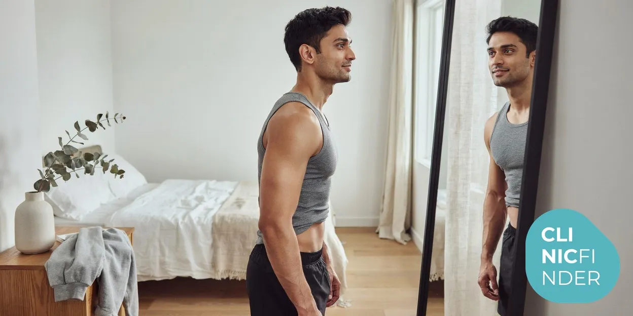 A lean man in activewear standing side-on in front of a mirror in soft daylight, calmly assessing his toned midriff, reflecting the definition goal of muscle-stimulation treatments