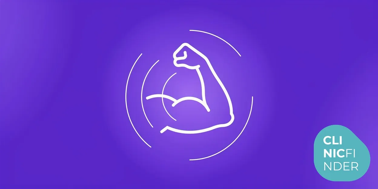 White line-art illustration of a flexed muscular arm surrounded by concentric electromagnetic pulse arcs, symbolising electromagnetic muscle stimulation