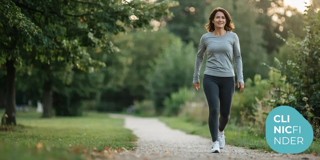 A woman in activewear walking briskly outdoors in soft morning light, reflecting the stable, healthy lifestyle that protects body-contouring results