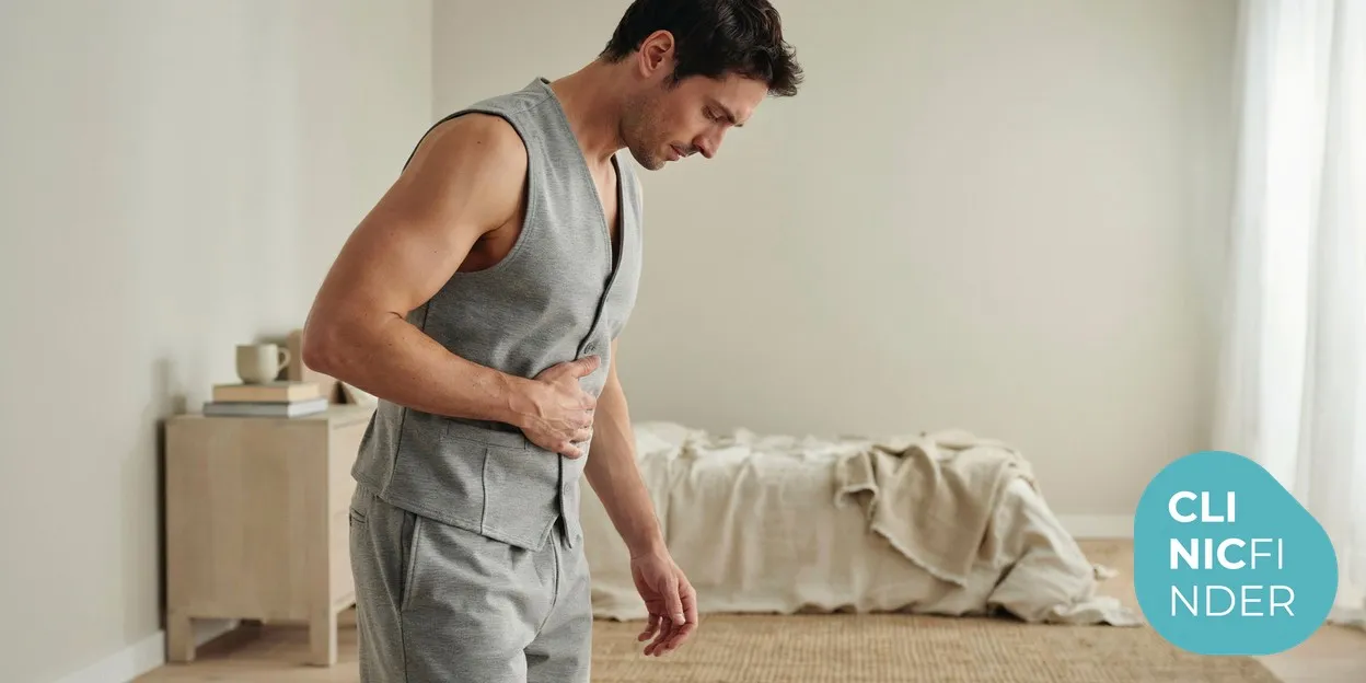 A man in soft morning light resting a hand on his midsection as he thoughtfully considers his waistline and body shape