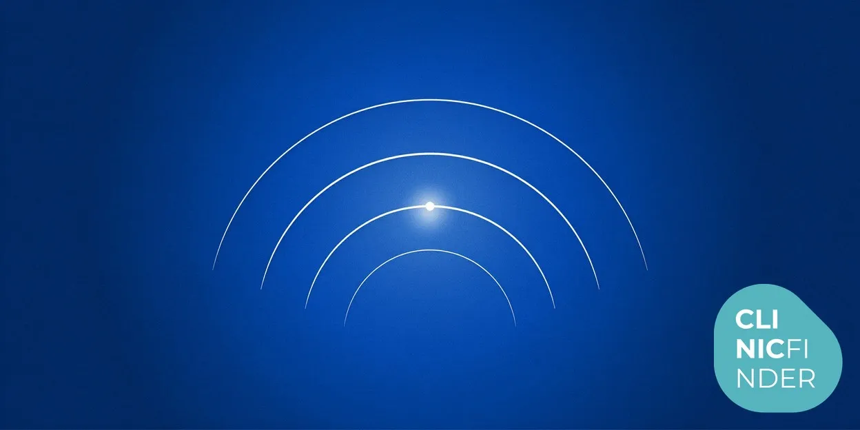 White line-art illustration of focused ultrasound waves converging to a single bright point beneath a smooth abstract body contour, symbolising HIFU fat reduction and skin tightening