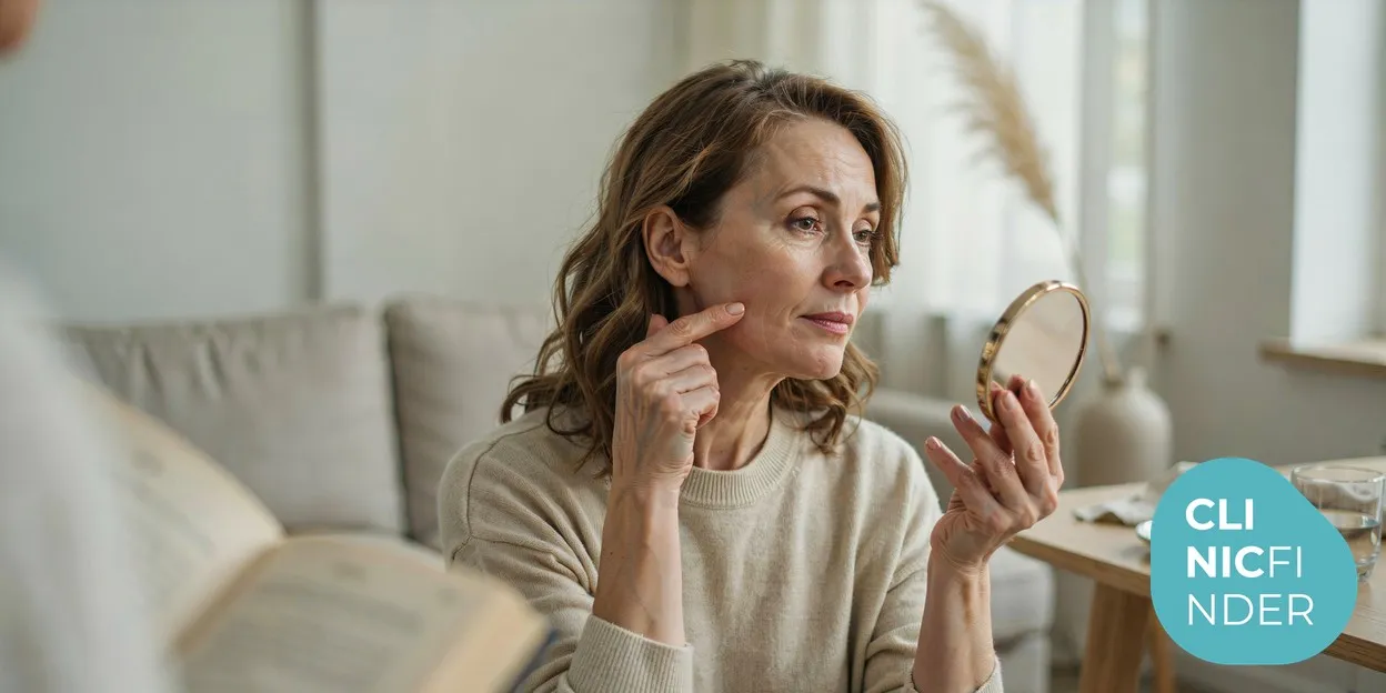 A woman in her fifties gently lifting the skin along her jawline with her fingertips while looking into a hand mirror in soft daylight, assessing early facial laxity
