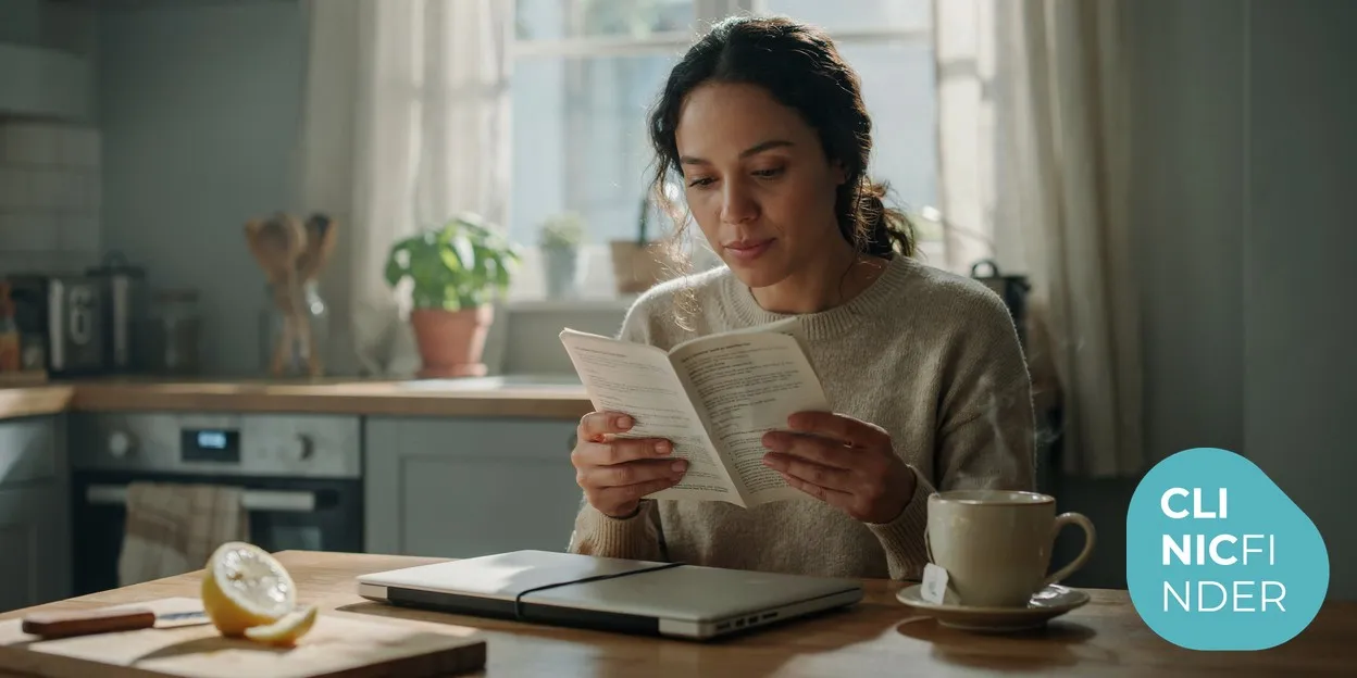 A thoughtful person at a kitchen table reading a printed clinic information leaflet while doing their research before booking