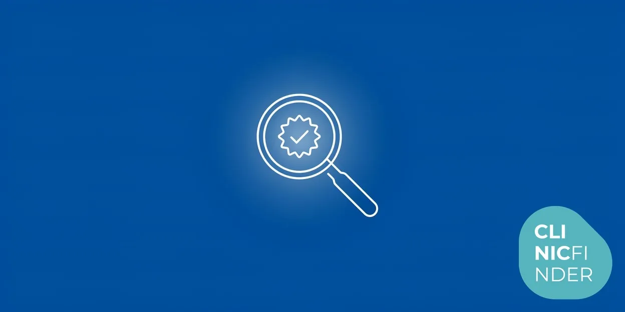 White line-art illustration of a magnifying glass examining a verified checkmark seal, symbolising vetting a reputable weight loss injection clinic