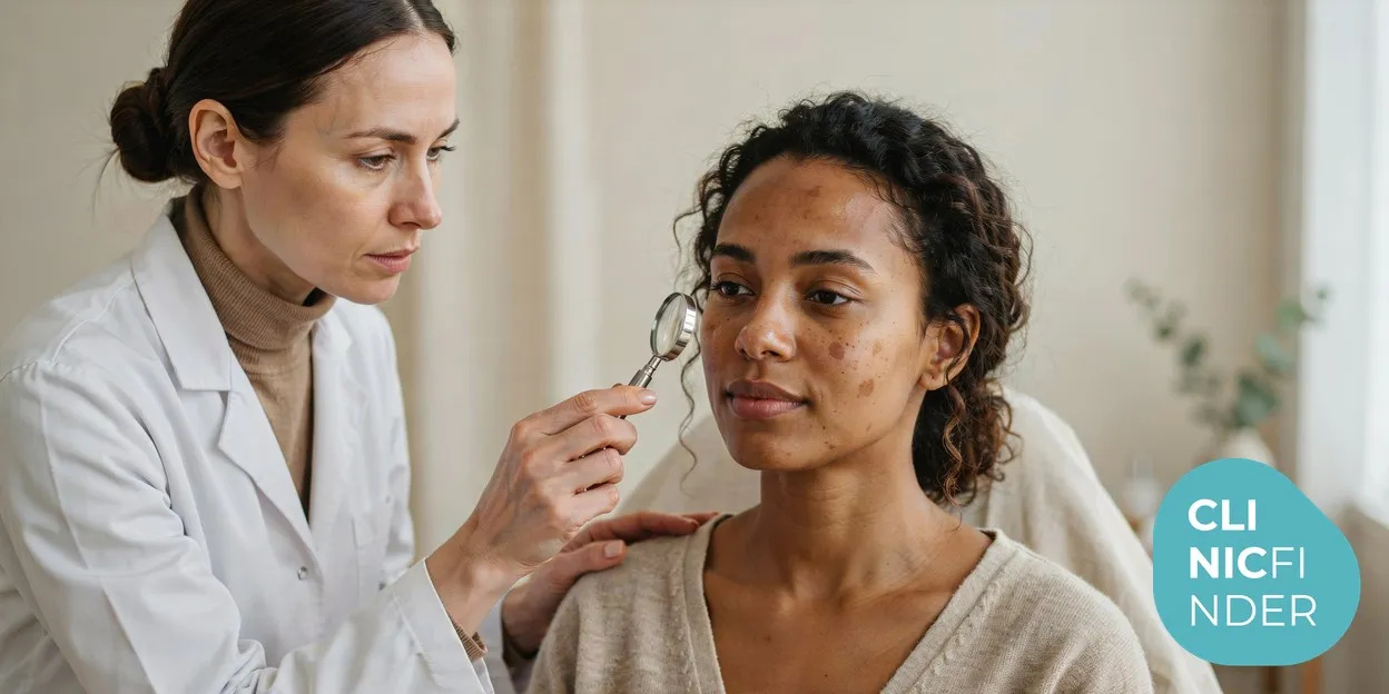 A clinician in warm daylight examining pigmentation on the cheek of a woman with deep skin tone using a small handheld magnifier