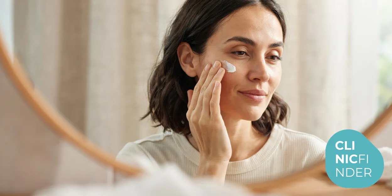 A woman applying broad-spectrum SPF sunscreen to her face in bright natural daylight, the key to protecting an even skin tone