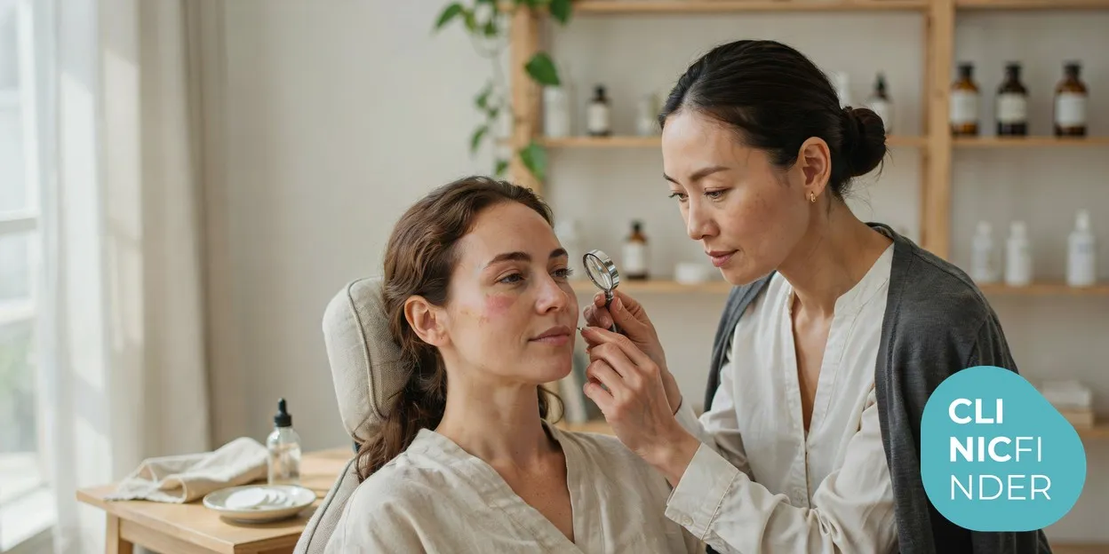 A clinician in soft daylight examining a woman’s cheek closely with a handheld magnifying loupe, assessing areas of pigmentation and redness