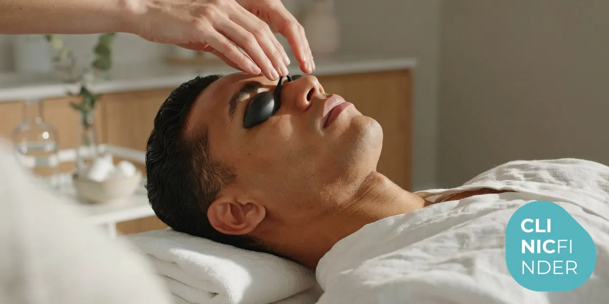 Protective eyewear being gently placed over a client’s closed eyes before a light-based skin treatment in a calm clinic room