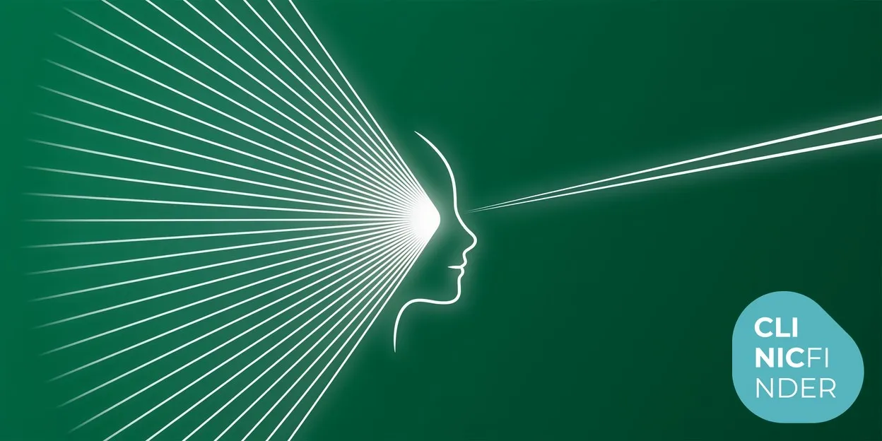White line-art illustration of an abstract face in profile with a broad fan of light on one side and a single focused beam on the other, symbolising IPL versus laser