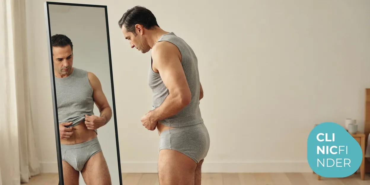 A man standing side-on, assessing a localised pocket of fat at his midriff in a mirror in soft natural daylight