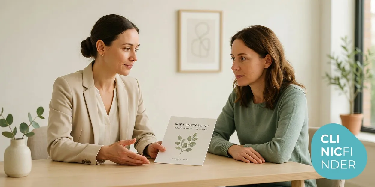 A calm consultation between a clinician and a client discussing body-contouring options across a desk in a bright clinic