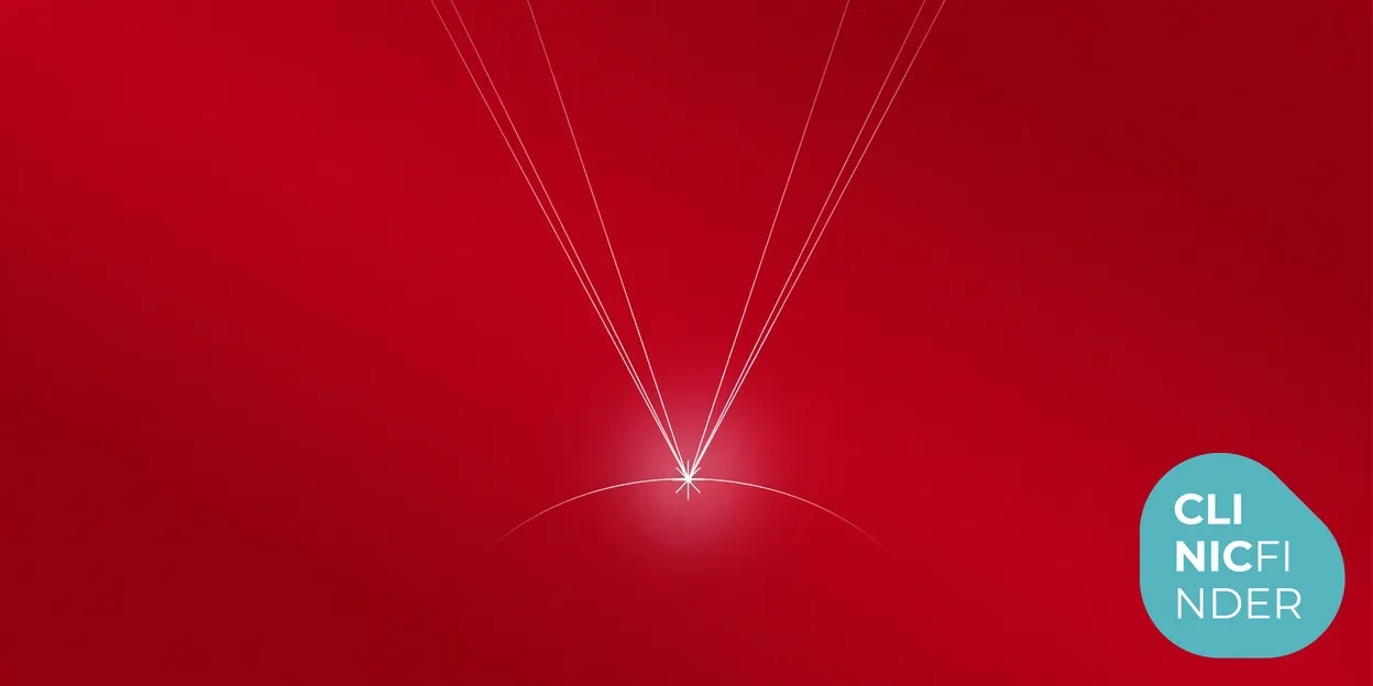 White line-art illustration of a focused laser beam converging onto a smooth abstract body contour, symbolising targeted laser fat treatment