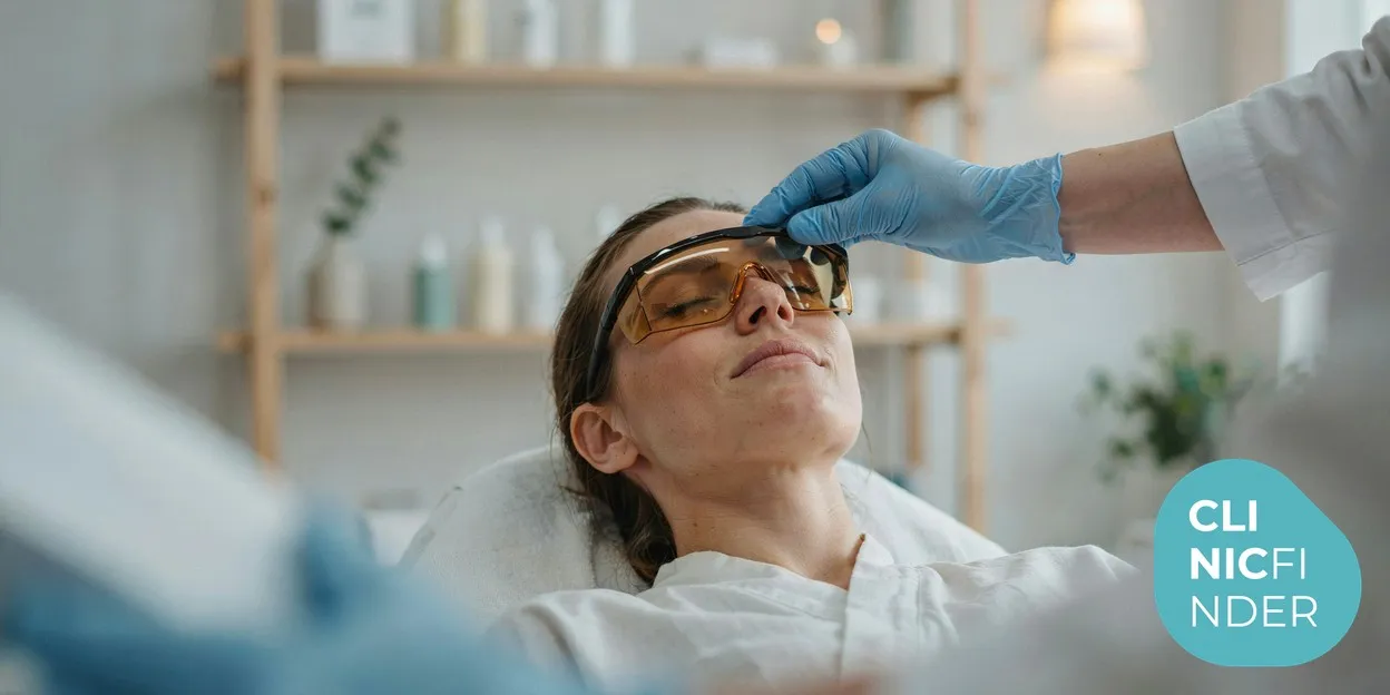 A gloved clinician gently placing protective goggles over a calm client’s eyes before a laser treatment in a bright, modern clinic room