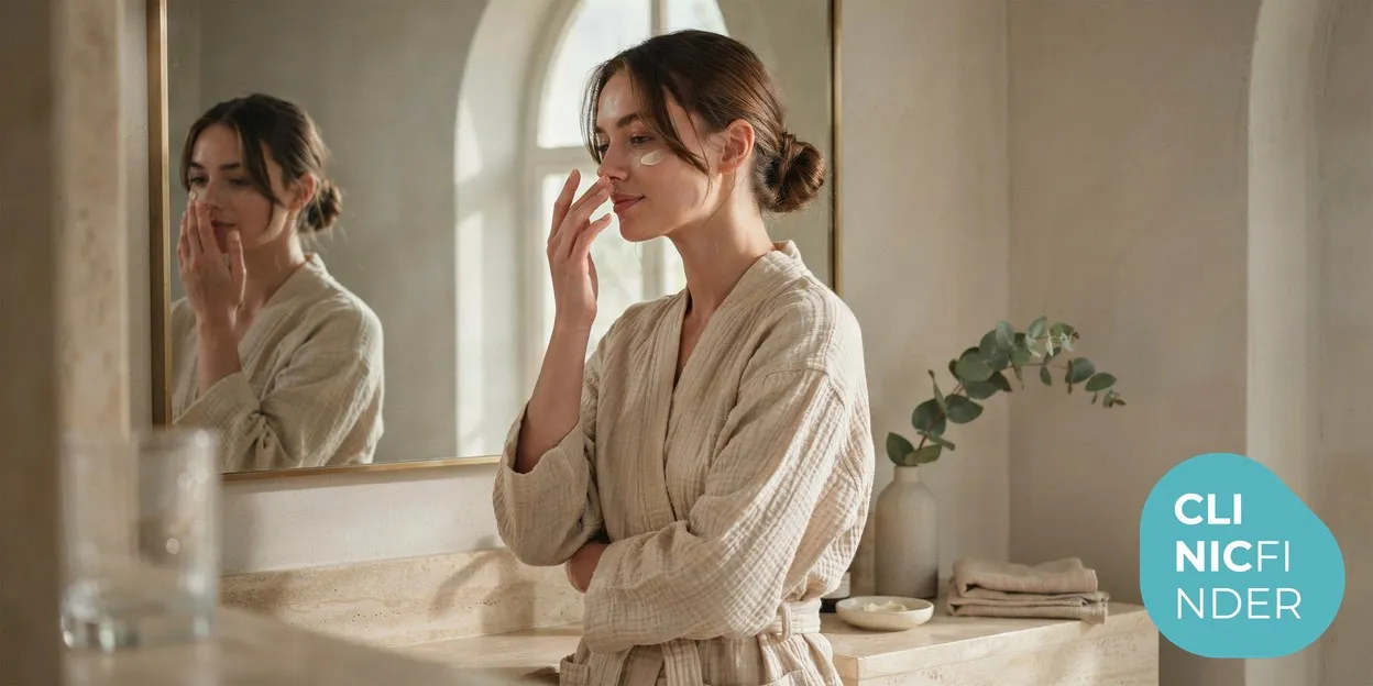 A person in soft morning light gently applying broad-spectrum SPF to freshly healed, glowing skin in front of a mirror, reflecting careful laser aftercare