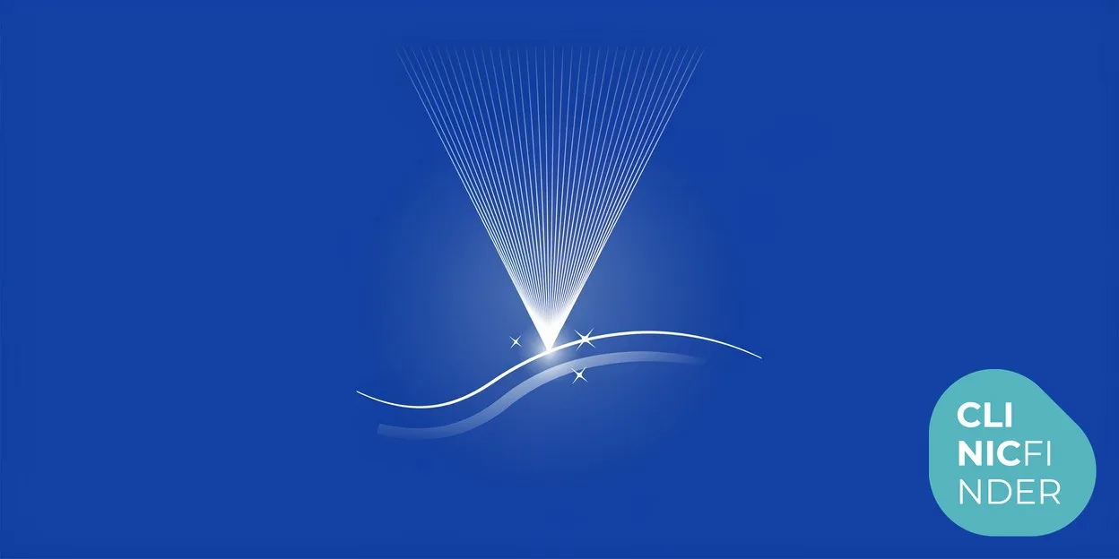 White line-art illustration of a focused beam of light narrowing towards a smooth skin surface, symbolising laser skin resurfacing