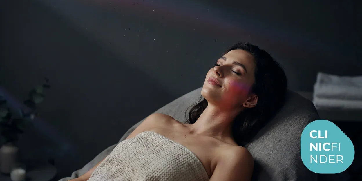 A person reclining with eyes closed and face bathed in a soft coloured LED glow during a calming light-therapy session