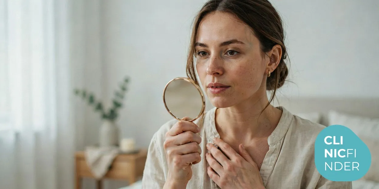 A woman with natural, healthy-looking lips examining them closely in a small round hand mirror in soft daylight, considering lip treatment