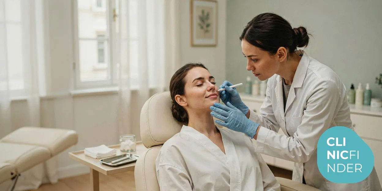 A gloved aesthetic practitioner gently assessing and marking points around a client’s mouth and lips during a calm clinic consultation in soft light