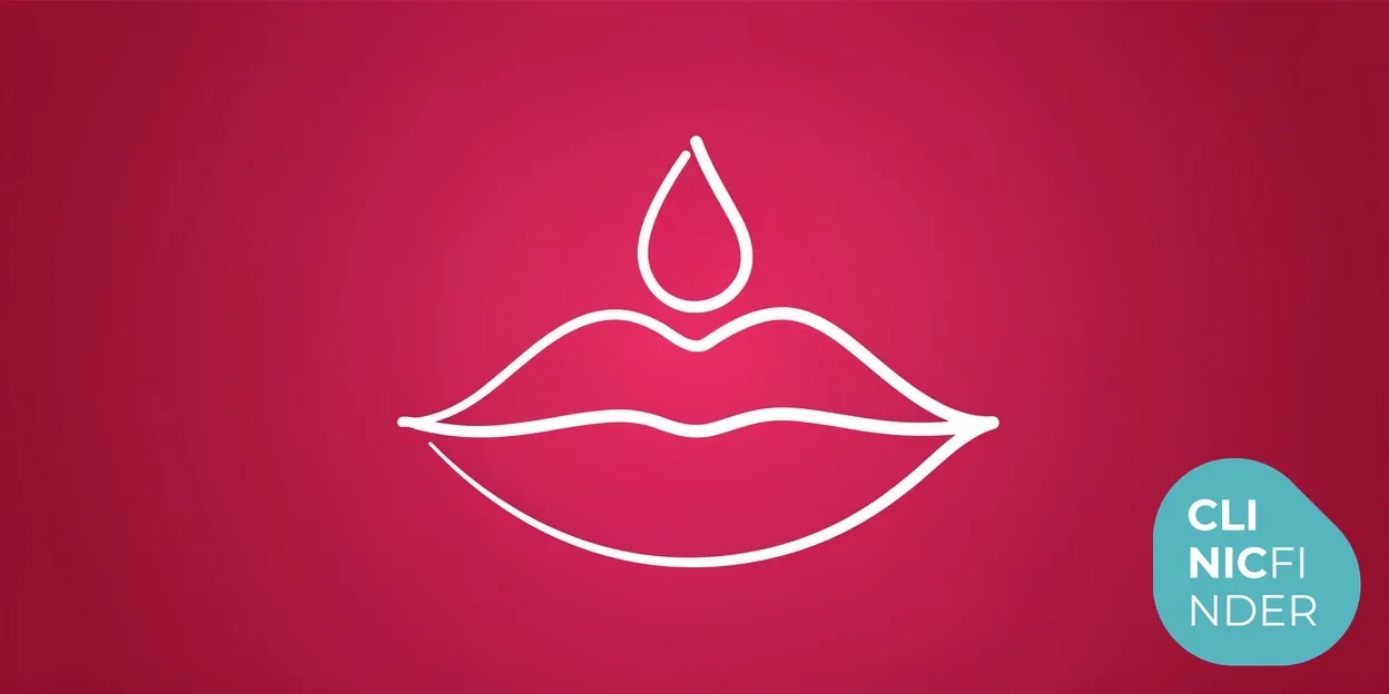 White line-art illustration of a pair of lips with a single droplet above them, symbolising hyaluronic acid lip filler, on a bold raspberry background