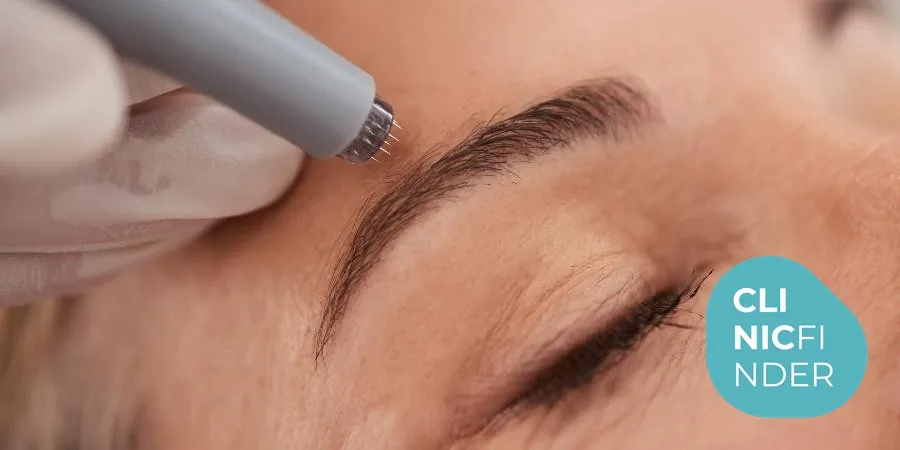 Practitioner guiding a microneedling pen over a woman’s brow during a facial treatment