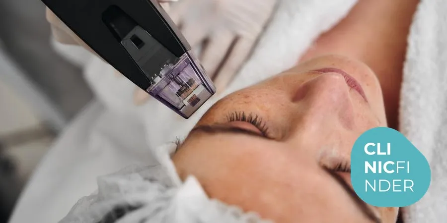 Morpheus8 handpiece with its needle cartridge held against a woman’s cheek