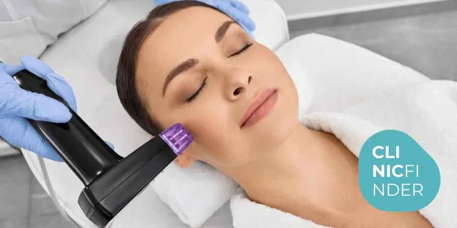 Woman lying on a treatment couch while a practitioner holds a Morpheus8 handpiece to her cheek