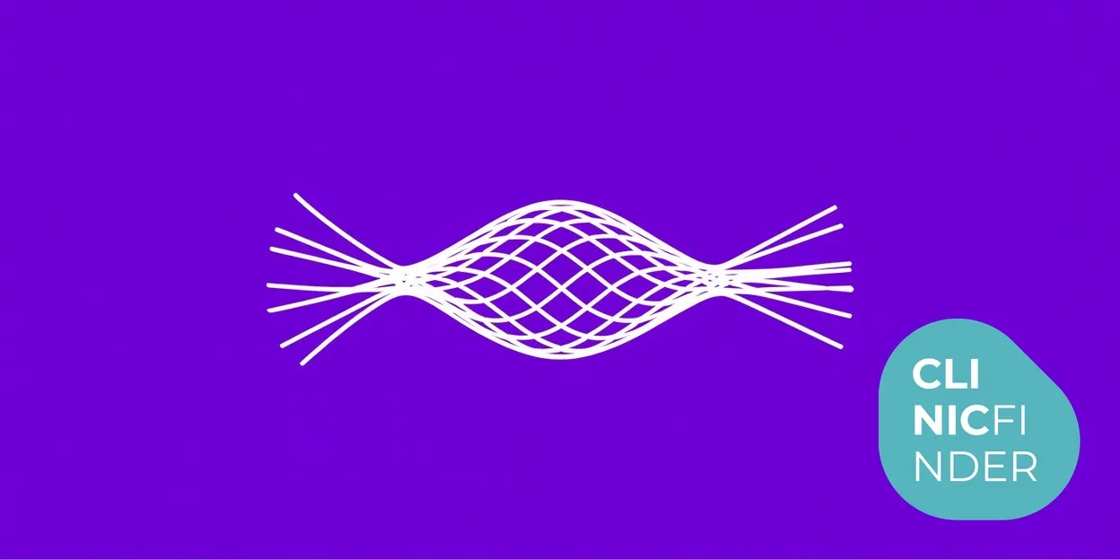 White line-art illustration of fine strands converging at two points and bowing open into a woven mesh between them, on a vivid purple background, symbolising radiofrequency energy spreading through the skin from microneedle tips