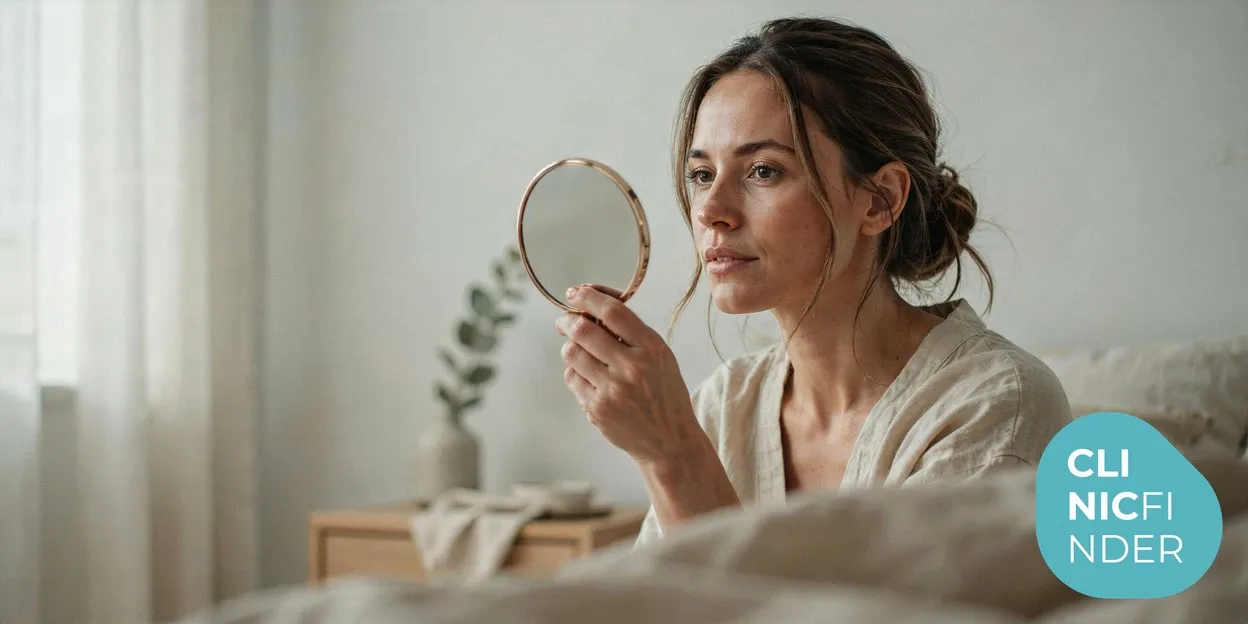 A woman studying the side profile of her nose in a small handheld mirror in soft natural daylight, considering its shape
