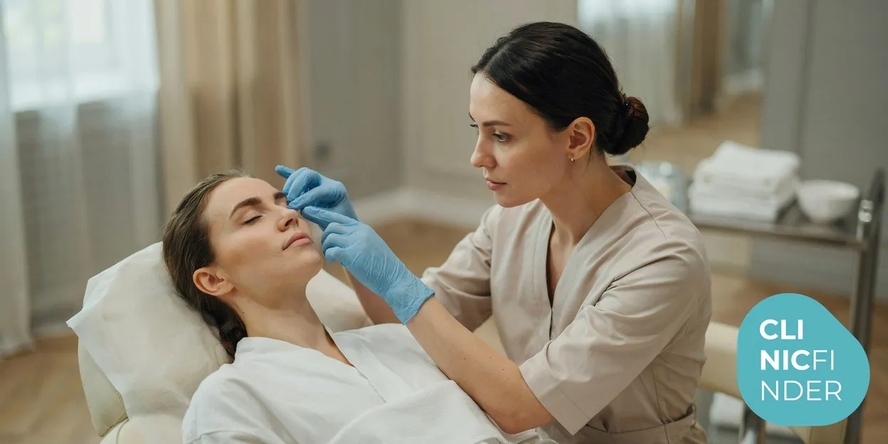 An aesthetic practitioner in gloves gently assessing the bridge of a reclining client’s nose during a calm consultation in soft clinical daylight