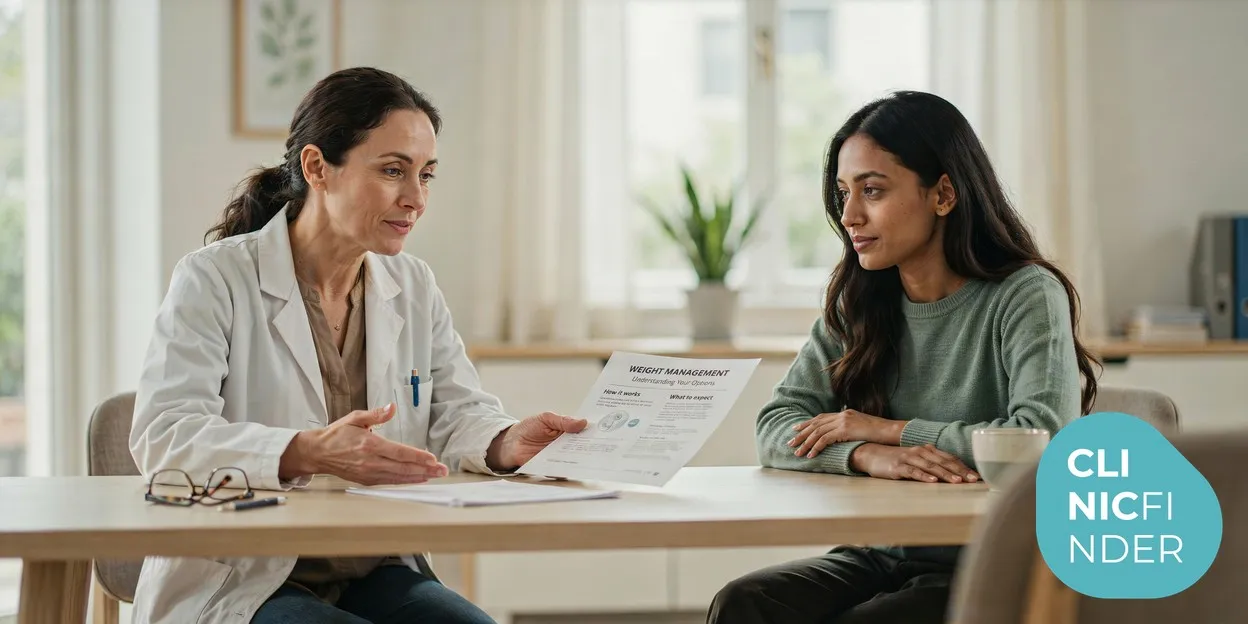 A pharmacist discussing weight-loss medication options with a patient across a clinic desk, an information leaflet between them