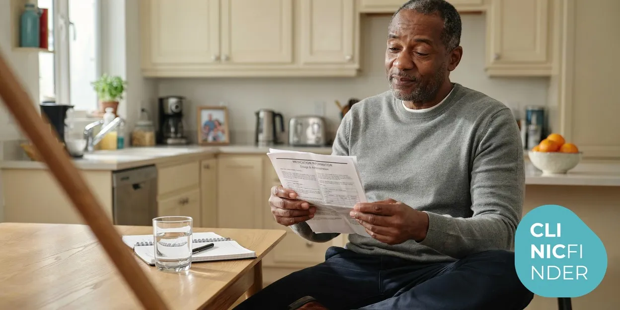 A middle-aged man at his kitchen table reading medication information beside a notebook and a glass of water in soft daylight