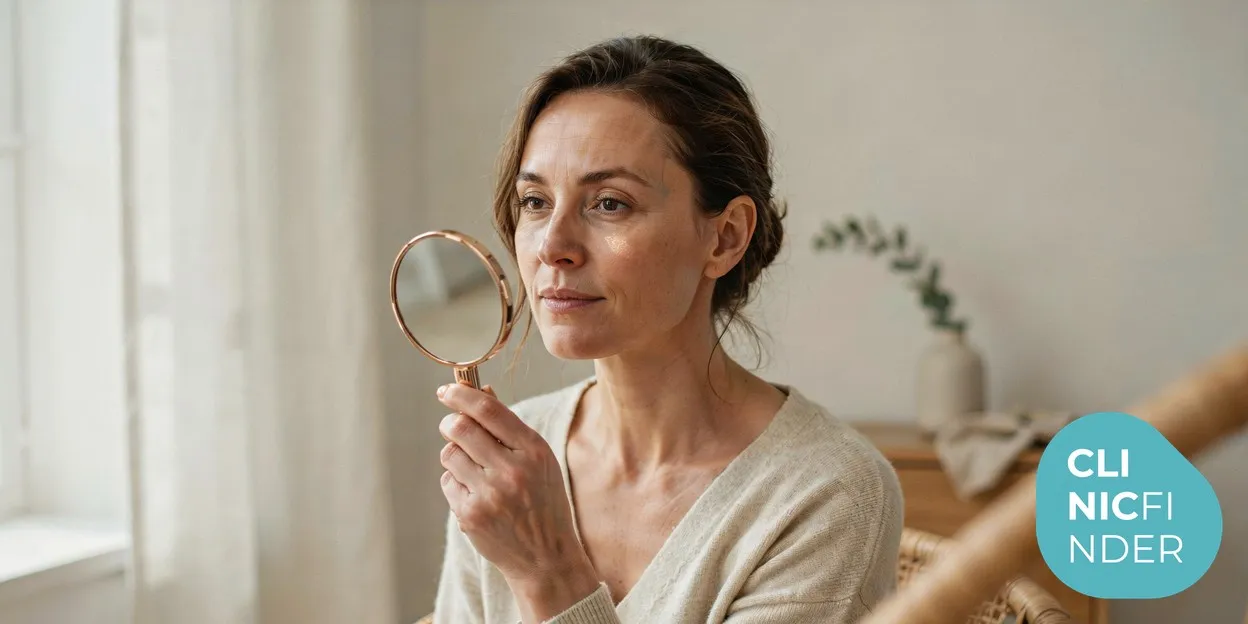 A woman gently examining the delicate thin skin under her eyes in a hand mirror in soft natural daylight