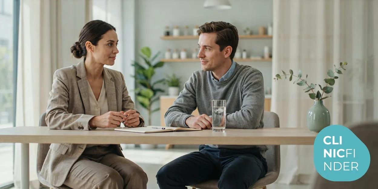 A calm consultation across a desk as a clinician and client discuss a skin-quality treatment plan