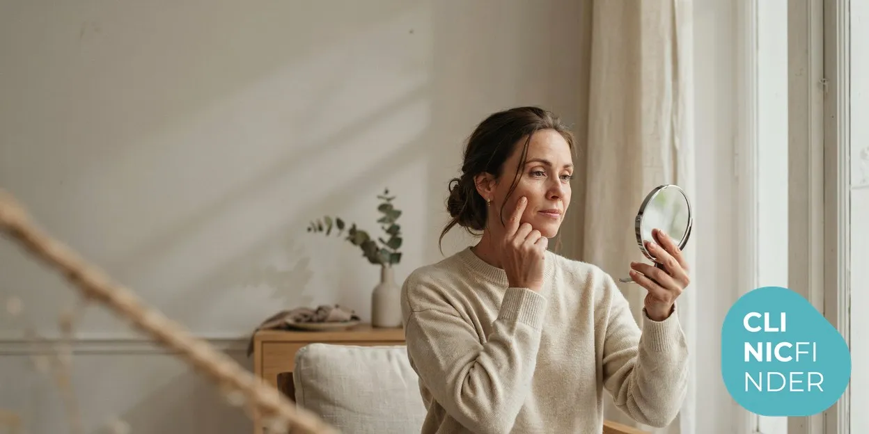 A woman examining her cheek and skin quality in a round hand mirror by a bright window in soft natural daylight