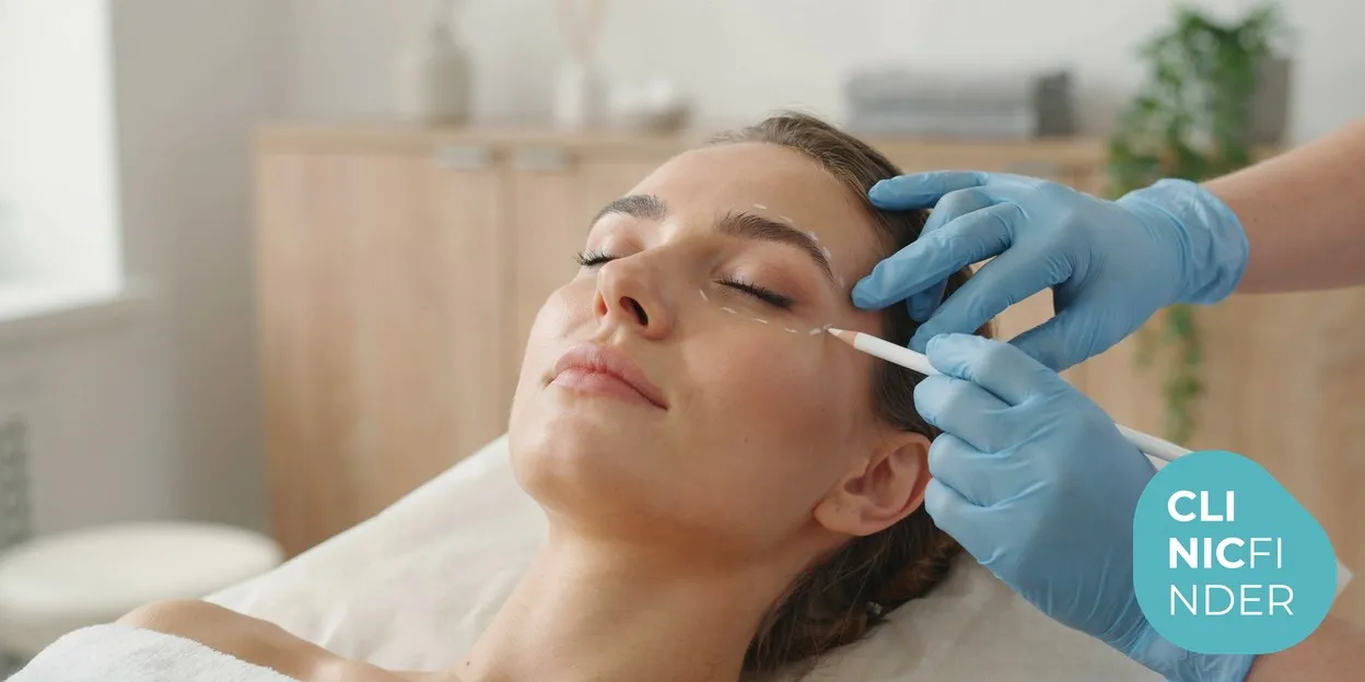 A gloved practitioner gently marking assessment points on a client’s mid-face during a calm aesthetic consultation