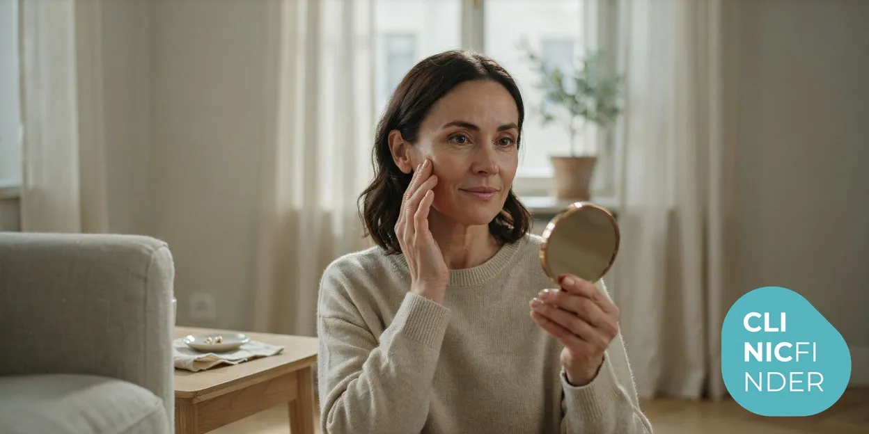 A woman with healthy, luminous skin gently touching her cheek as she examines her complexion in soft daylight