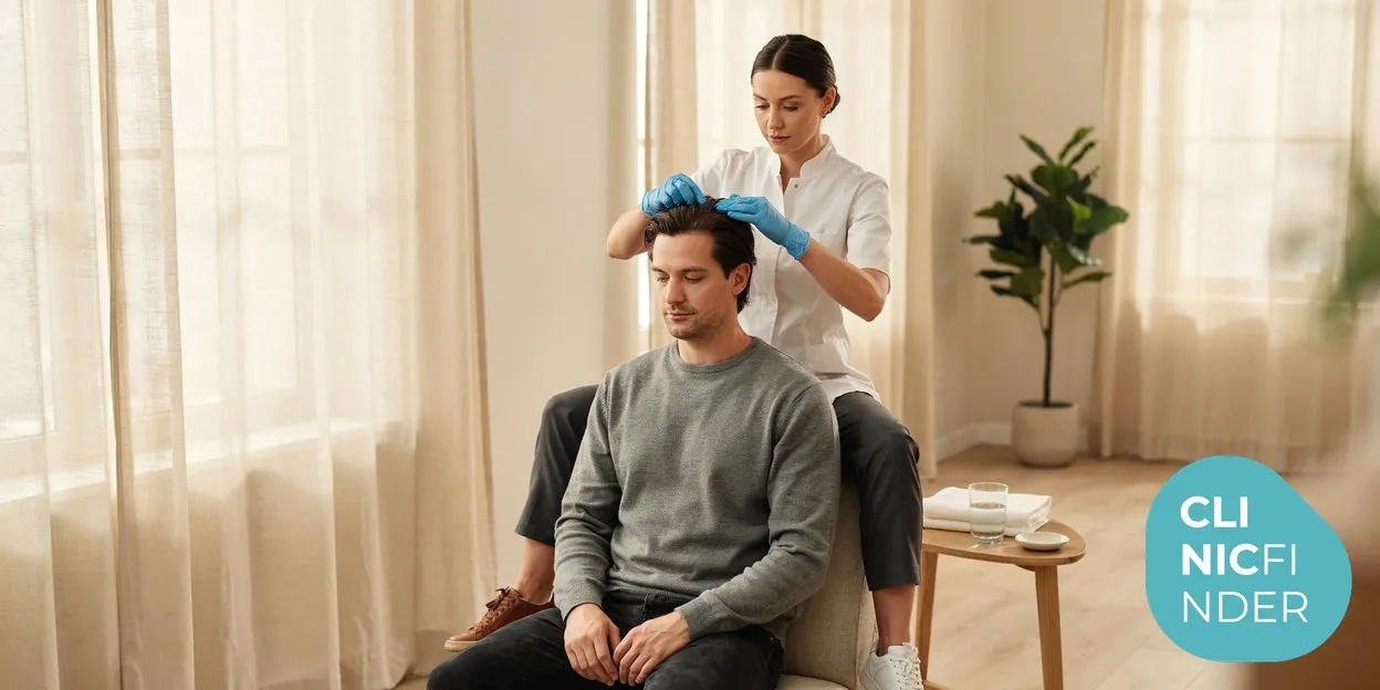 A clinician gently parting and examining the hair and scalp of a seated man during a hair-restoration consultation
