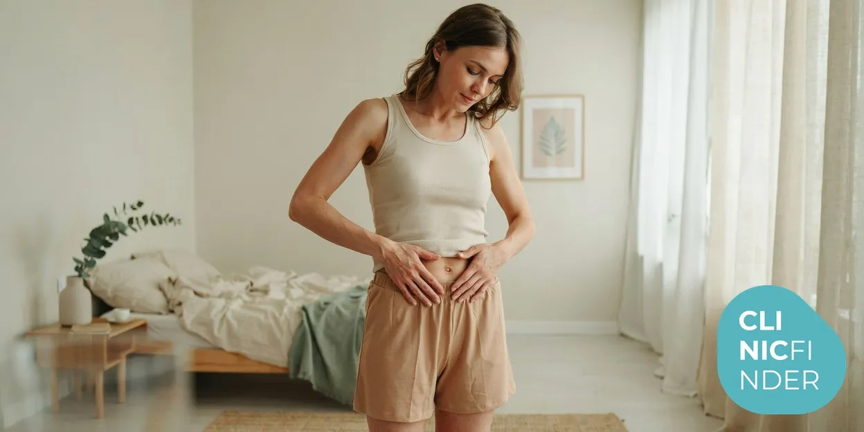 A woman resting both hands flat on her bare midriff in soft daylight, checking the firmness of her abdominal skin after pregnancy