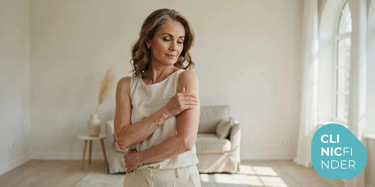 A mature woman in a bright room gently smoothing the skin on her upper arm, considering treatment for mild skin laxity