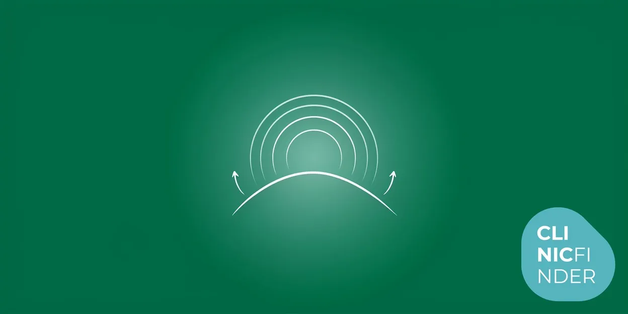 White line-art illustration of gentle radiating energy waves rippling over a smooth firm abstract body contour, symbolising radiofrequency skin tightening