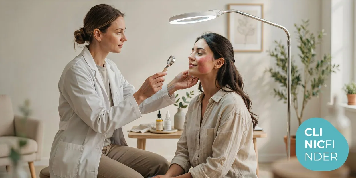 A dermatology clinician examining a woman’s flushed cheeks under a bright magnifying lamp during a rosacea assessment