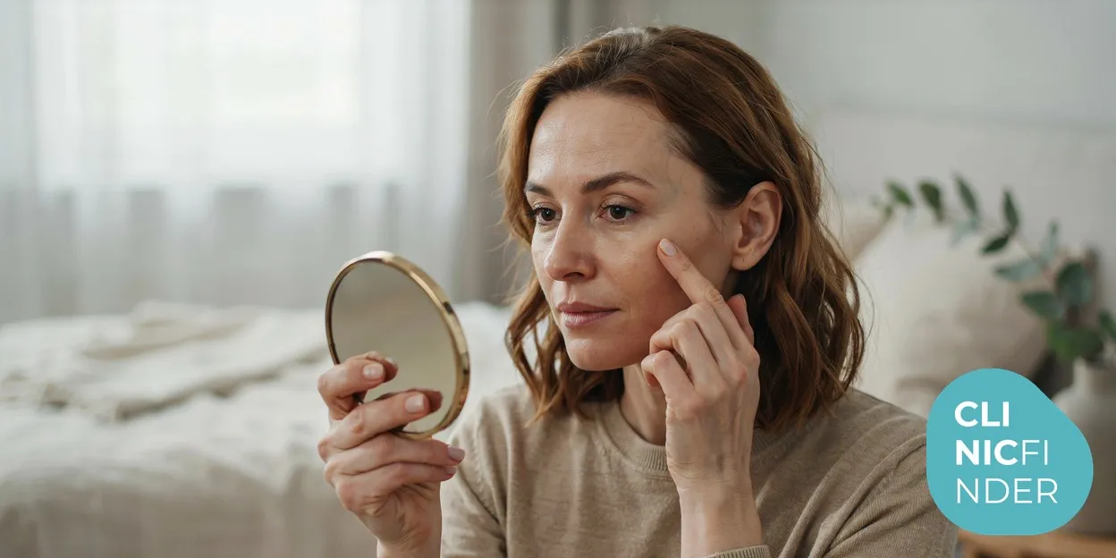 A woman in her forties examining the texture and hydration of her skin in a small round hand mirror in soft natural daylight